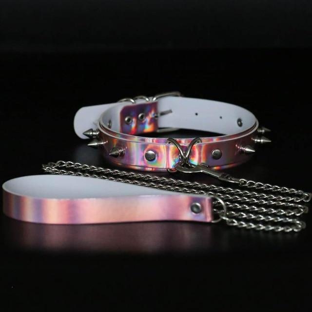 Kinky Cloth Necklace Pink Holographic Spiked Collar and Leash