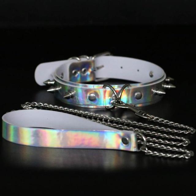 Kinky Cloth Necklace White Holographic Spiked Collar and Leash