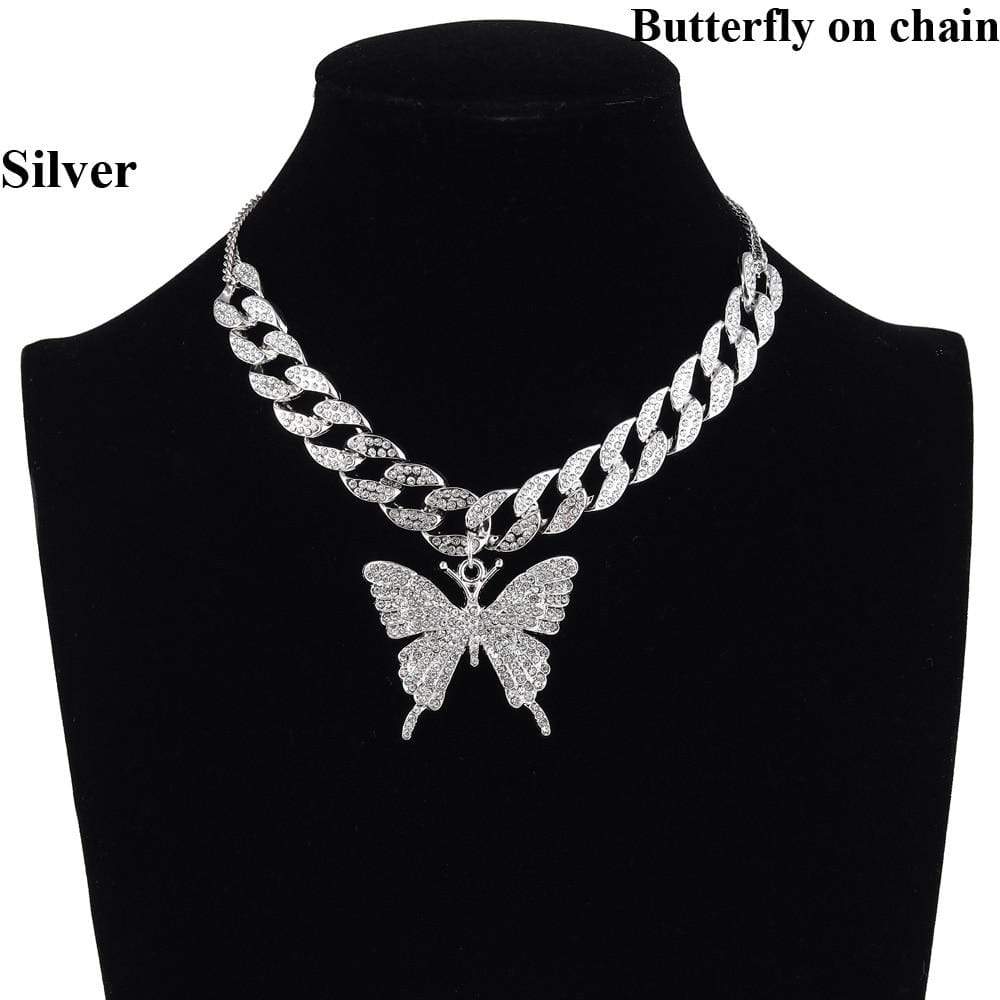 Kinky Cloth 200000162 Silver Style 1 Iced Out Butterfly On Chain Necklace