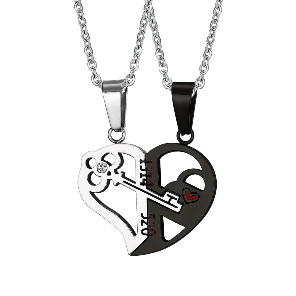 Kinky Cloth 200000162 Silver Black Key & Lock Heart Shape Couple Necklace
