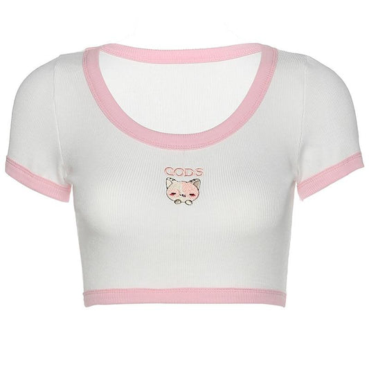 Kinky Cloth White / S Kitten Embroidery Crop Top