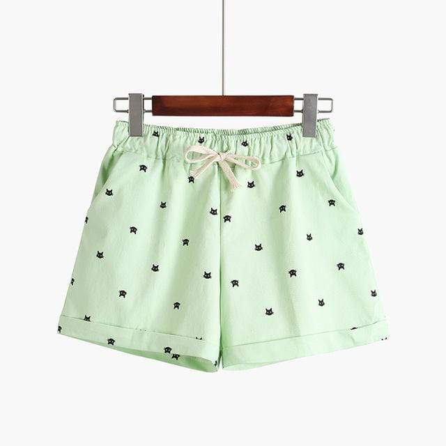 Kinky Cloth Green / One Size Kitty Print Pastel Shorts