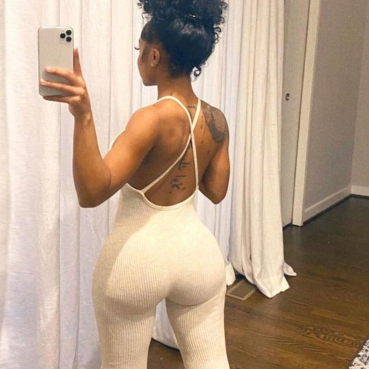 Kinky Cloth 0 S / Apricot KLALIEN Summer Casual Sport Fitness Streetwear Female Jumpsuit Sexy V Neck Backless Skinny Elastic Jumpsuit Women Yoga Outfit