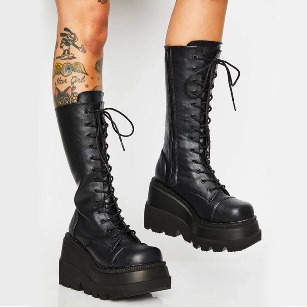 Kinky Cloth Black / 5 Knee High Platform Boots
