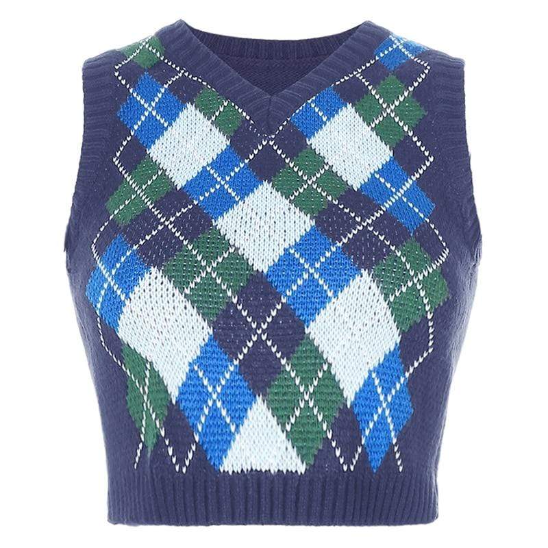 Kinky Cloth 200000373 Blue / S Knitted Argyle Cropped Vest