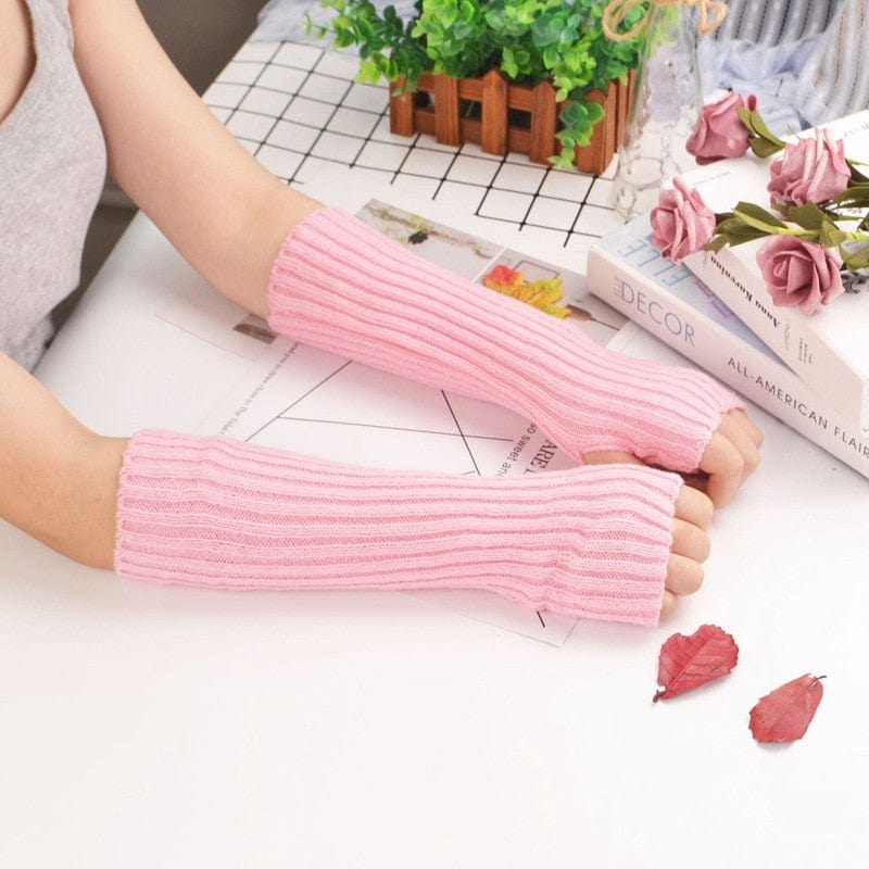 Kinky Cloth Pink / Length 30cm Knitted Fingerless Arm Warmers