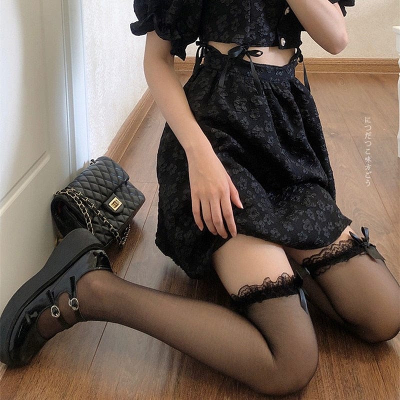 Kinky Cloth Lace Bow Thigh High Stockings