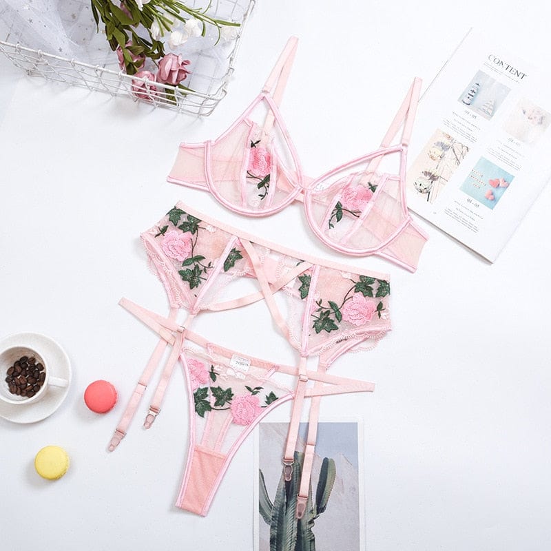 Kinky Cloth Pink set / S Lace Floral Embroidery Lingerie Set