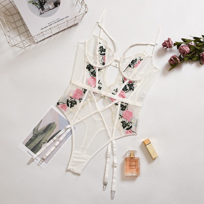 Kinky Cloth White Bodysuit / S Lace Floral Embroidery Lingerie Set