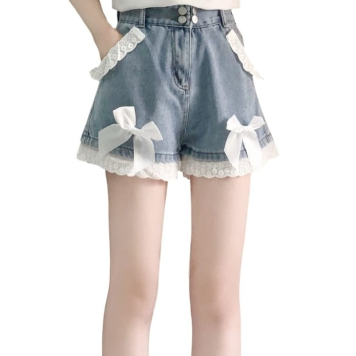 Kinky Cloth Blue / XS Lace Hem Bow Denim Shorts