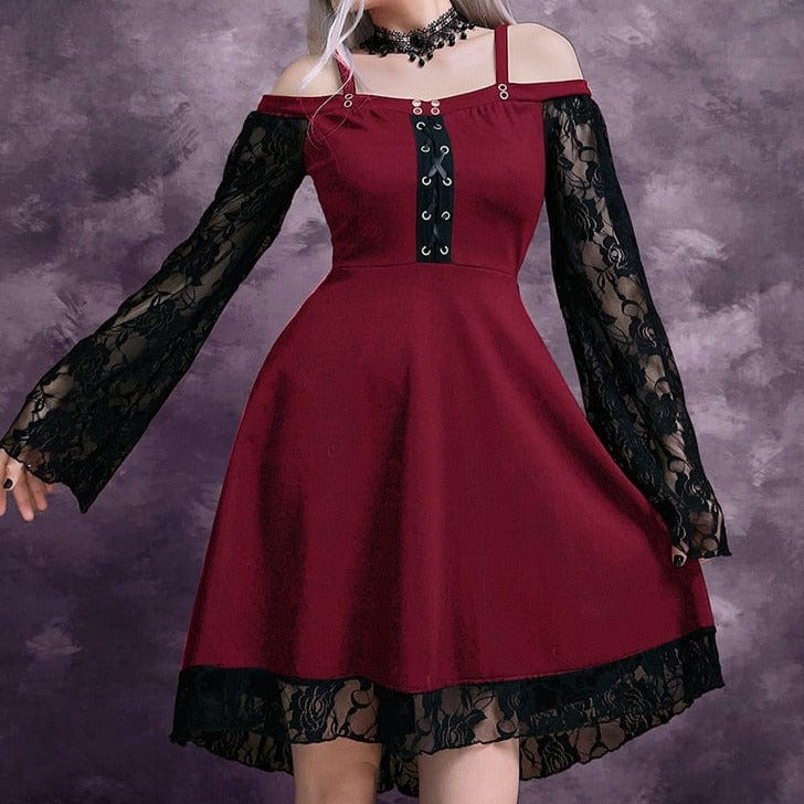 Kinky Cloth burgundy / S Lace Patchwork Flare Sleeve Dress