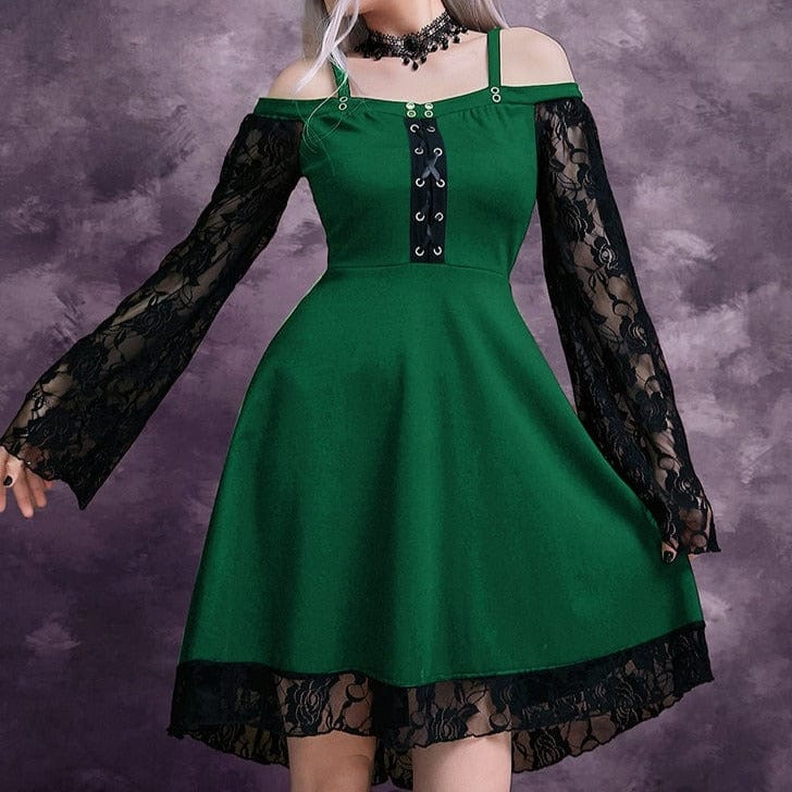 Kinky Cloth green / S Lace Patchwork Flare Sleeve Dress