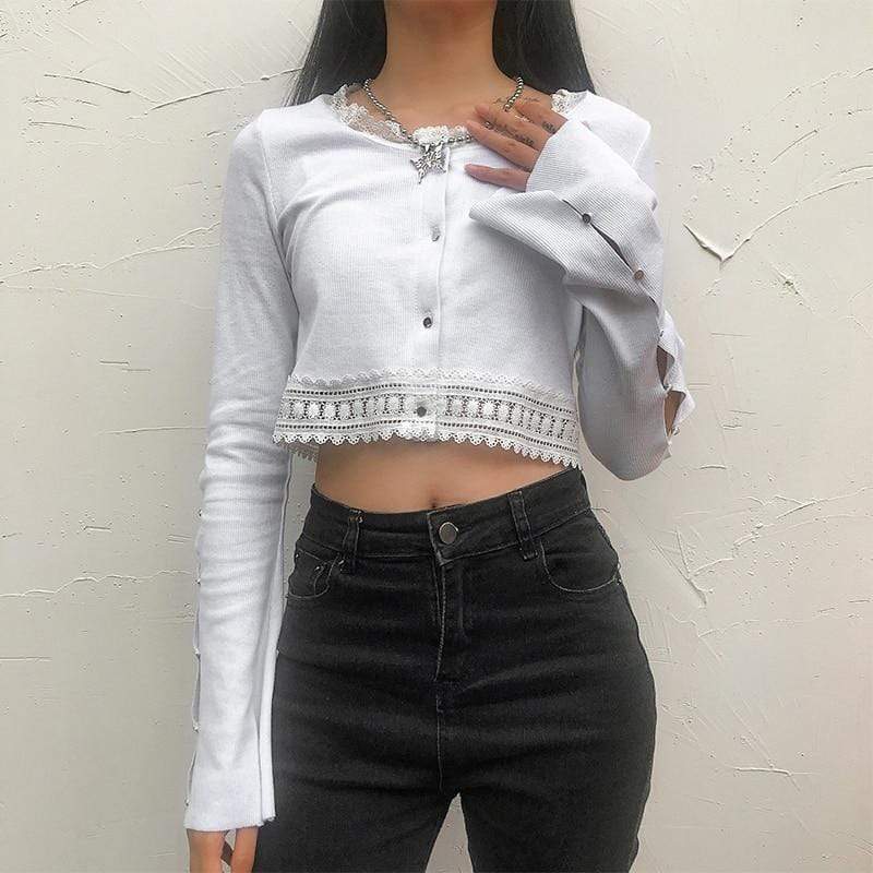 Kinky Cloth 200000791 Lace Patchwork Open Sleeve Crop Top