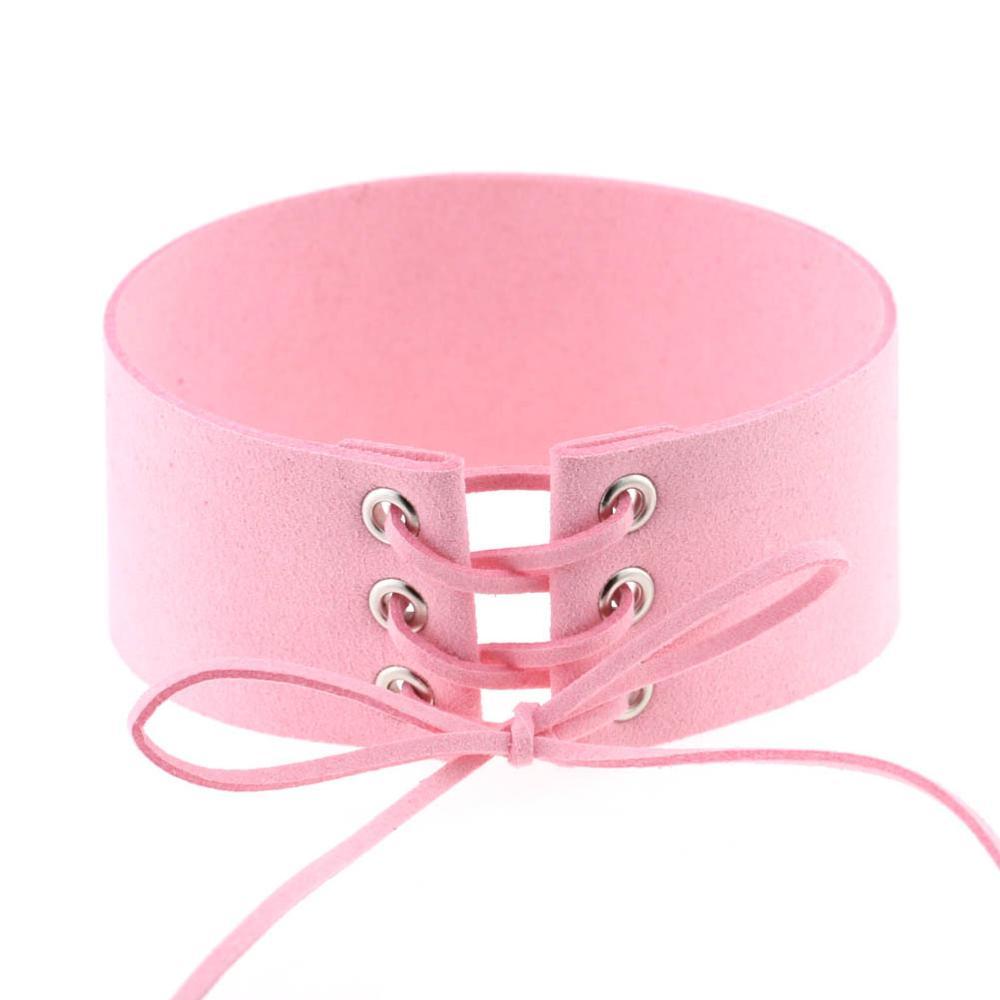 Kinky Cloth Necklace Pink Lace Up Choker