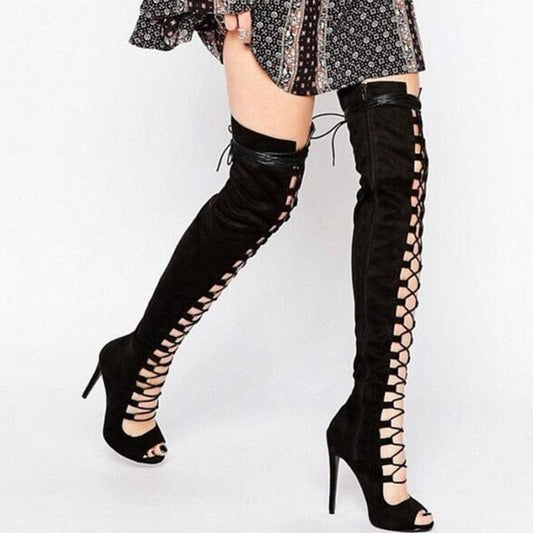 Kinky Cloth Black / 34 Lace Up Thigh High Heel Boots