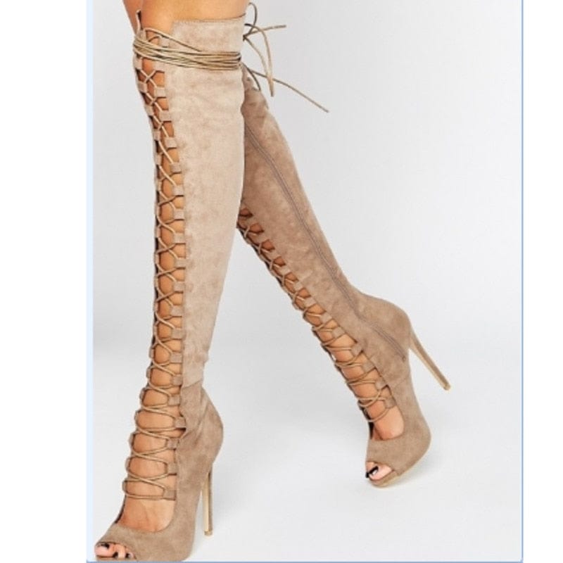 Kinky Cloth Khaki / 34 Lace Up Thigh High Heel Boots