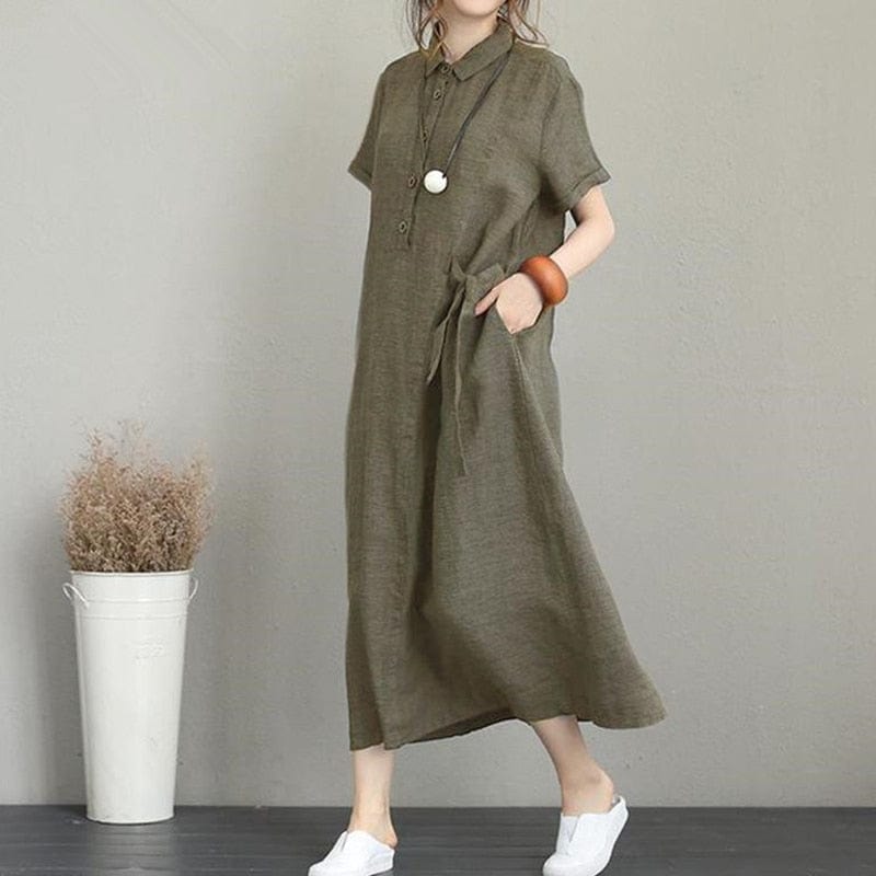 Kinky Cloth Army Green / S Lapel Pockets Loose Long Dress