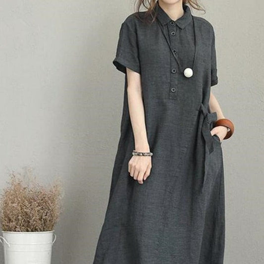 Kinky Cloth Dark Grey / S Lapel Pockets Loose Long Dress