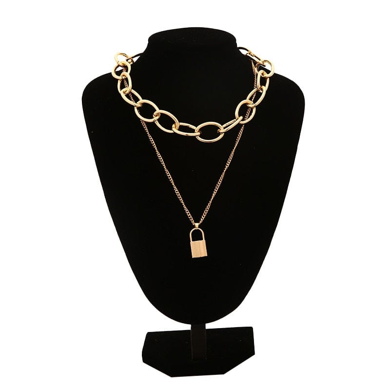 Kinky Cloth Gold Layered Chain Necklace Lock Pendant