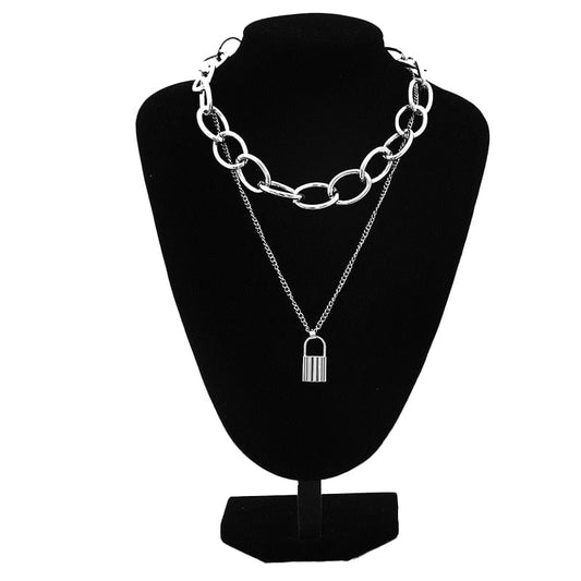 Kinky Cloth Silver Layered Chain Necklace Lock Pendant