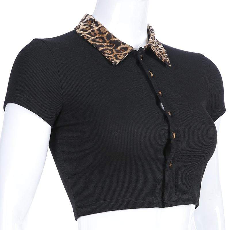 Leopard Collar Button Crop Top