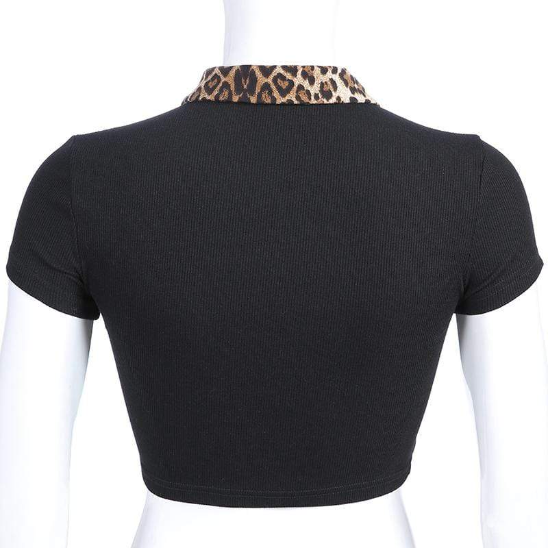 Leopard Collar Button Crop Top