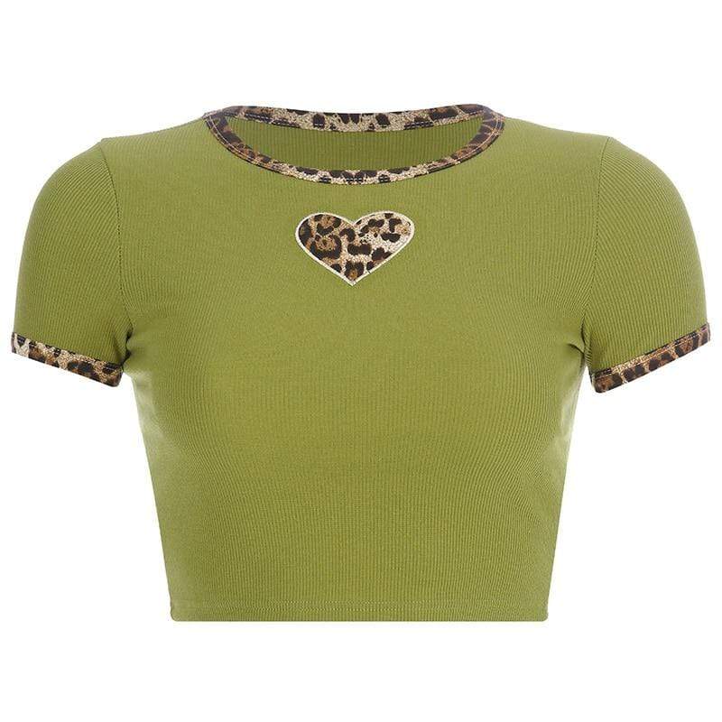 Kinky Cloth 200000791 Green / S Leopard Print Patchwork Heart Ribbed T-Shirt