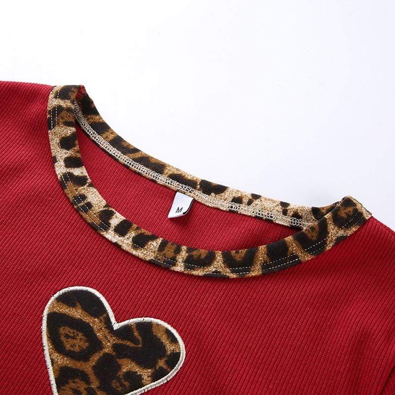 Kinky Cloth 200000791 Leopard Print Patchwork Heart Ribbed T-Shirt