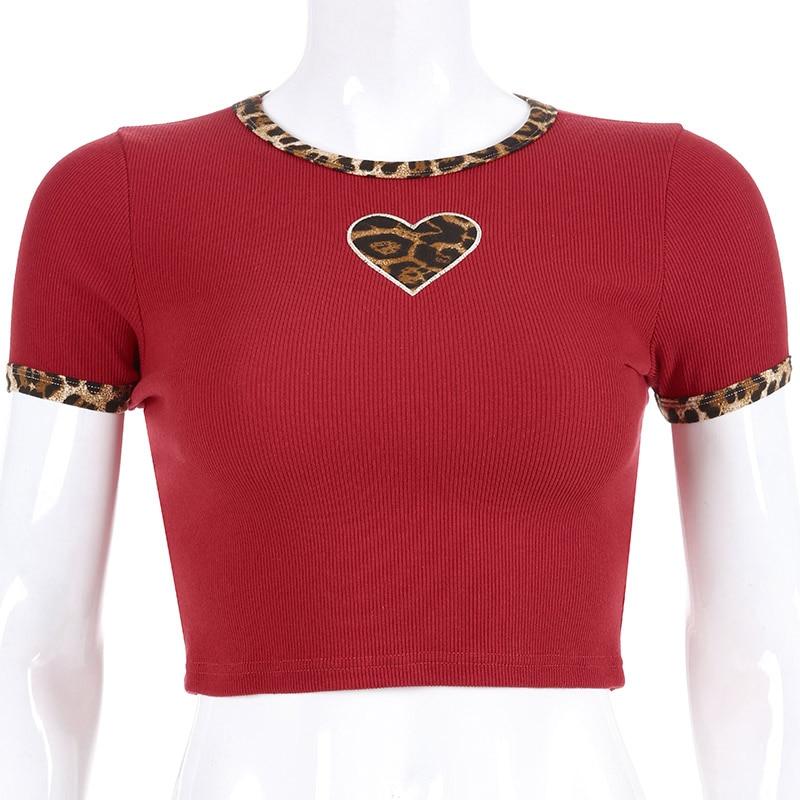 Kinky Cloth 200000791 Wine Red / S Leopard Print Patchwork Heart Ribbed T-Shirt