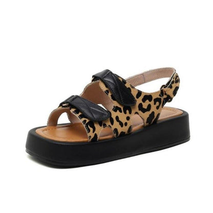 Kinky Cloth Brown / 3 Leopard Real Leather Platform Sandals