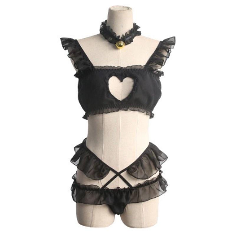 Kinky Cloth 200003989 Black / One Size / Cat girl Lolita Hollow Heart Lace Lingerie Set