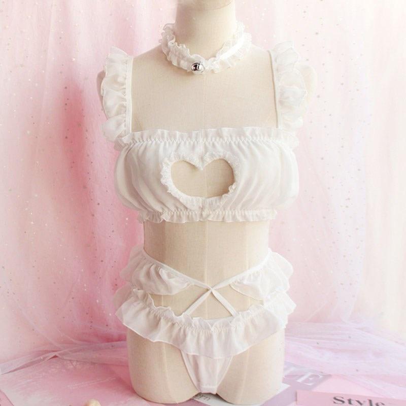 Kinky Cloth 200003989 White / One Size / Cat girl Lolita Hollow Heart Lace Lingerie Set