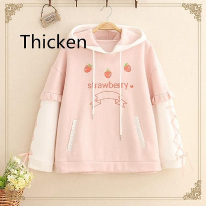 Kinky Cloth 200000348 Pink Thicken Fabric / One Size Lolita Hooded Strawberry Pink Sweatshirt