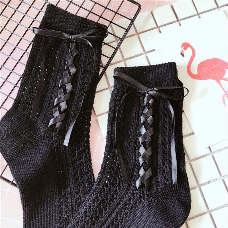 Kinky Cloth 200000866 Black Side Strap Lolita Lace Up Bowknot Socks