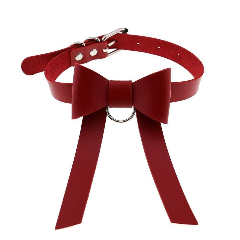 Kinky Cloth 200000162 Red Long PU Leather Bowknot Choker