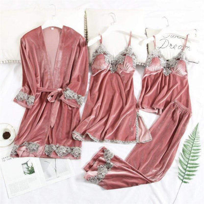 Maroon Velvet Lace Pajama Set (4 piece)