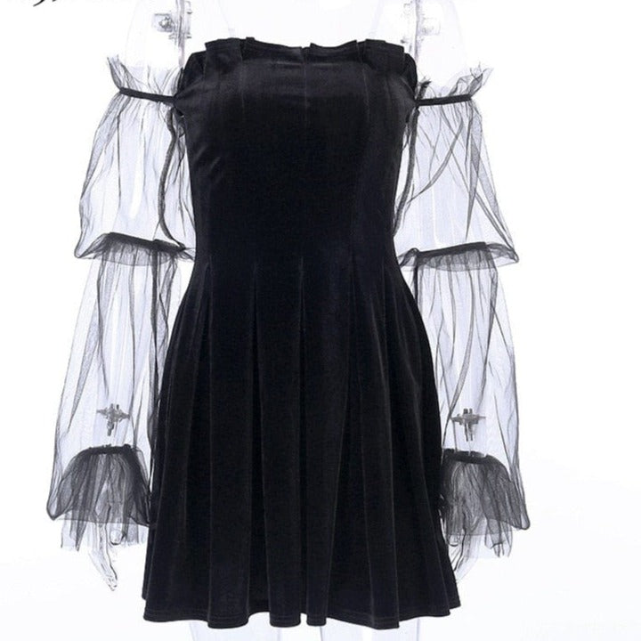 Kinky Cloth Black / S Mesh Gothic Pleated Dress