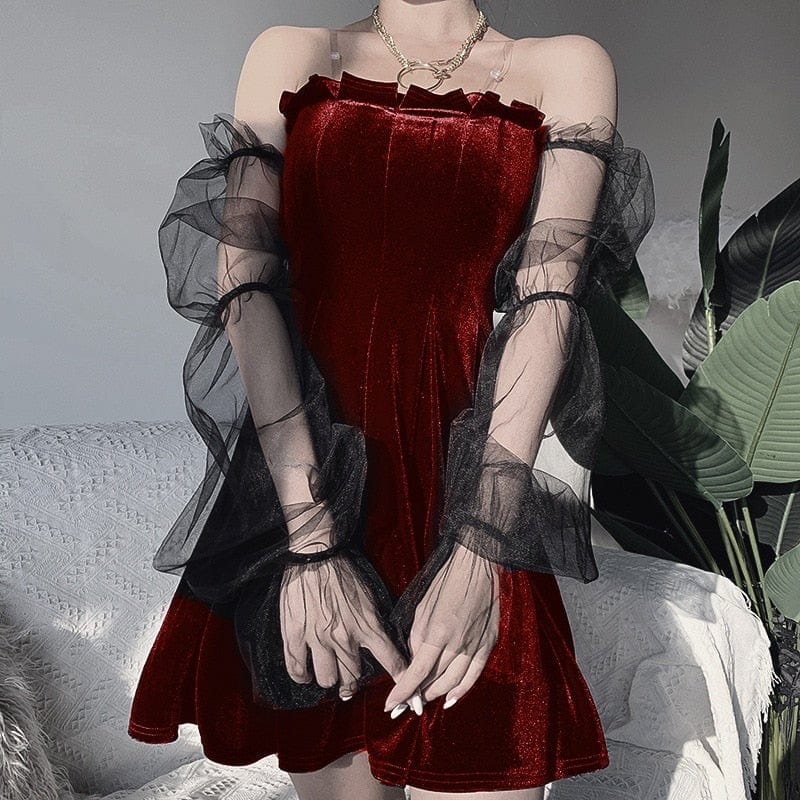 Kinky Cloth Burgundy / S Mesh Gothic Pleated Dress