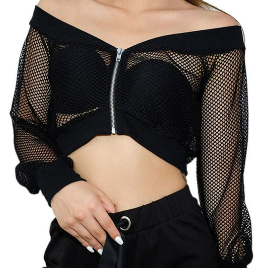 Kinky Cloth Black / S Mesh Off Shoulder Crop Top