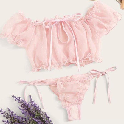 Kinky Cloth Baby Pink / XL Mesh Off Shoulder Lingerie Set
