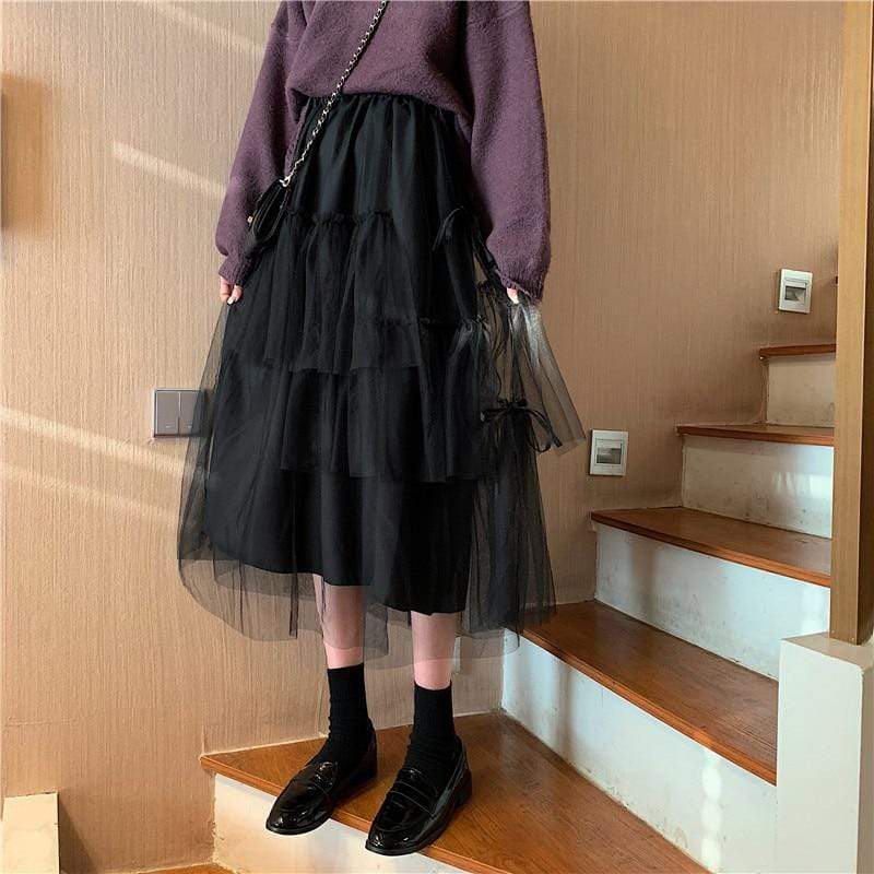 Kinky Cloth 349 Black / S Mesh Tulle Long Skirt