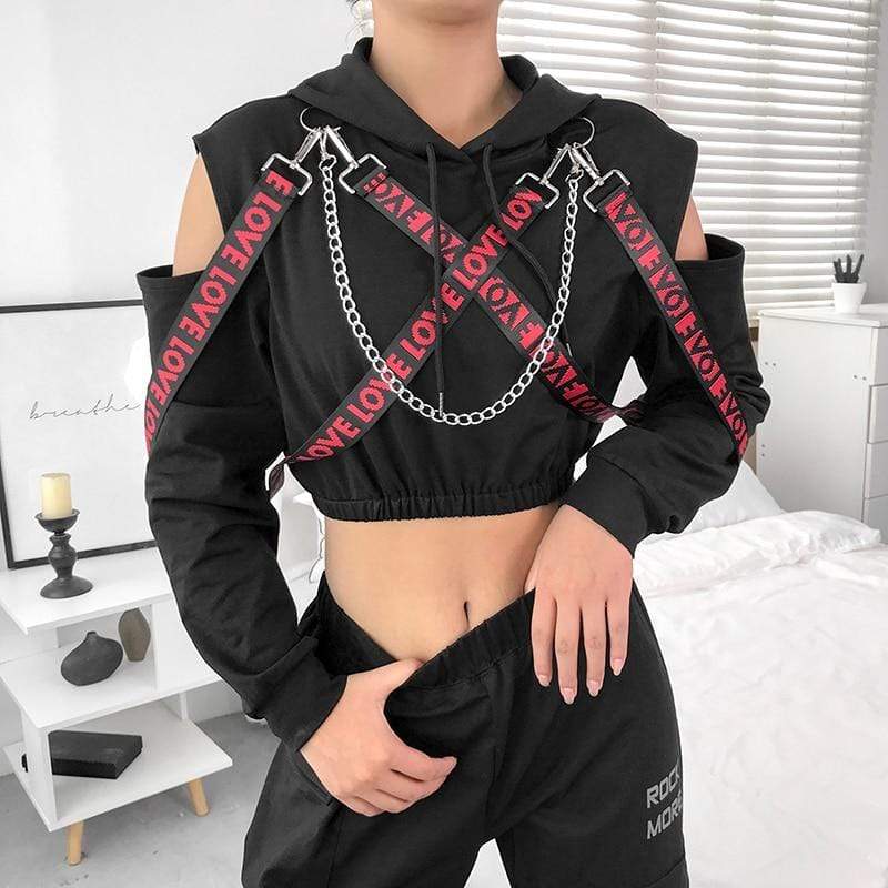 Kinky Cloth 200000348 Metal Chain Patchwork Letter Ribbon Hoodies