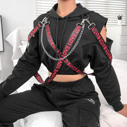 Kinky Cloth 200000348 Metal Chain Patchwork Letter Ribbon Hoodies