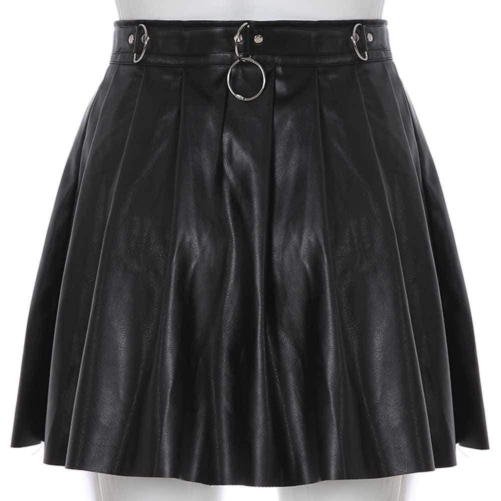 Kinky Cloth 349 Black / S Metal Ring Pleated Leather Skirt