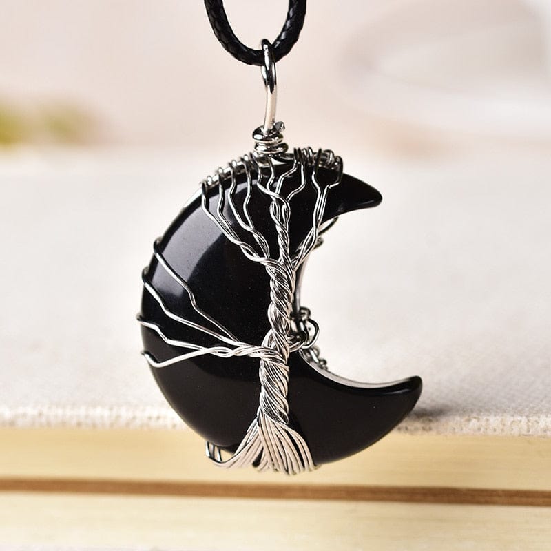 Kinky Cloth Obsidian Moon Shape Reiki Pendant Necklace