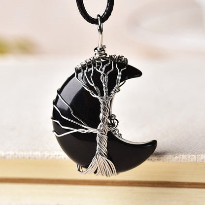 Kinky Cloth Obsidian Moon Shape Reiki Pendant Necklace