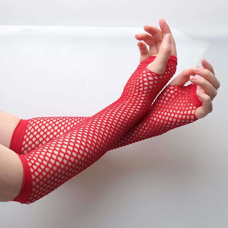 Kinky Cloth Red / Length 26cm Neon Fishnet Fingerless Long Gloves