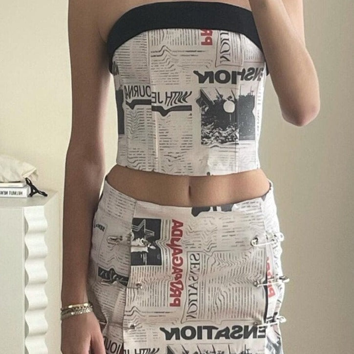 Kinky Cloth Newspaper Print Tube Top Skirt Set