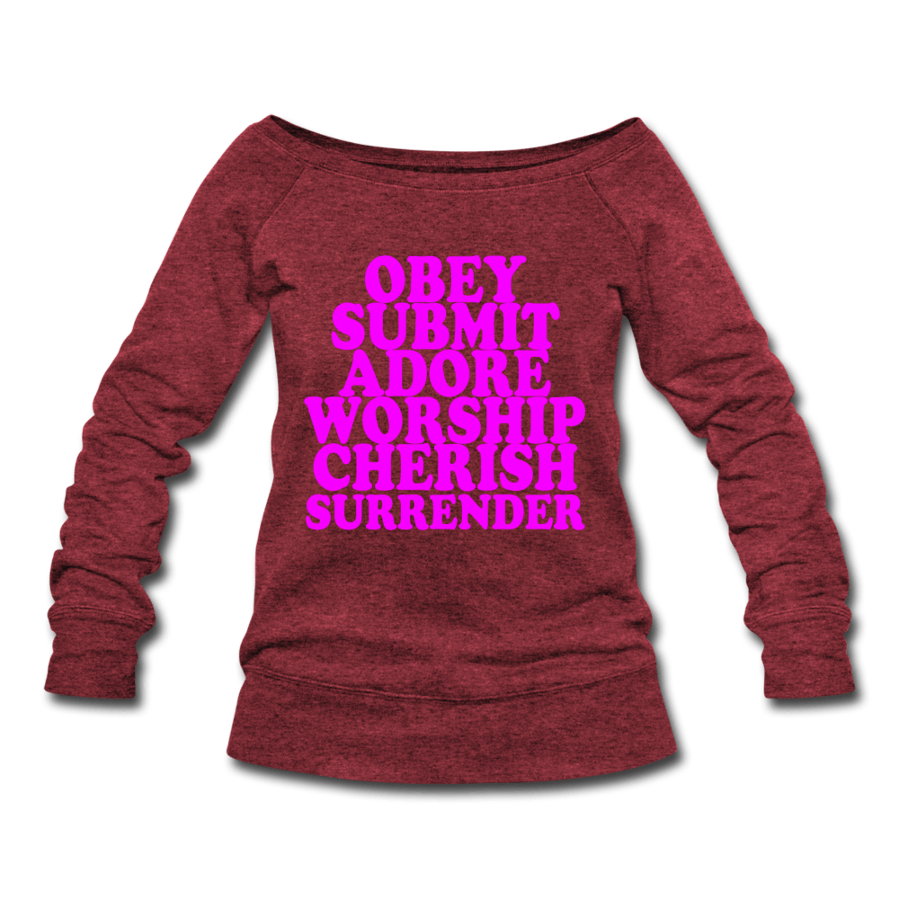 SPOD Women's Wideneck Sweatshirt cardinal triblend / S Obey Submit Adore Worship Cherish Surrender Wideneck Sweatshirt