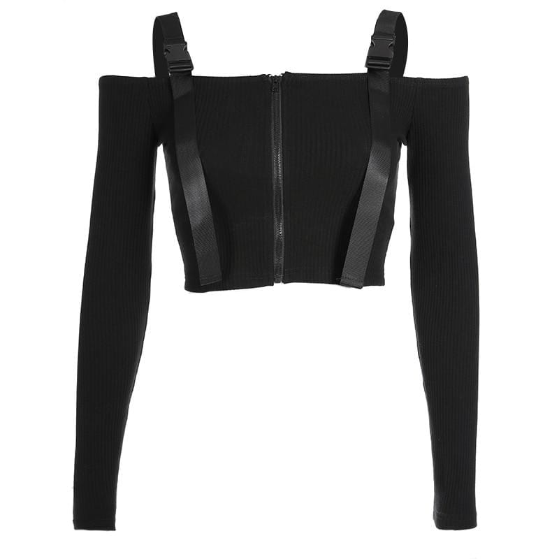 Kinky Cloth 200000791 Black / L Off Shoulder Buckle Strap Crop Top